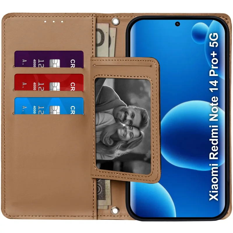 Brązowe etui portfelowe do Xiaomi Redmi Note 14 Pro+ Plus 5G – wnętrze z czterema kieszonkami na karty i przegrodą na banknoty