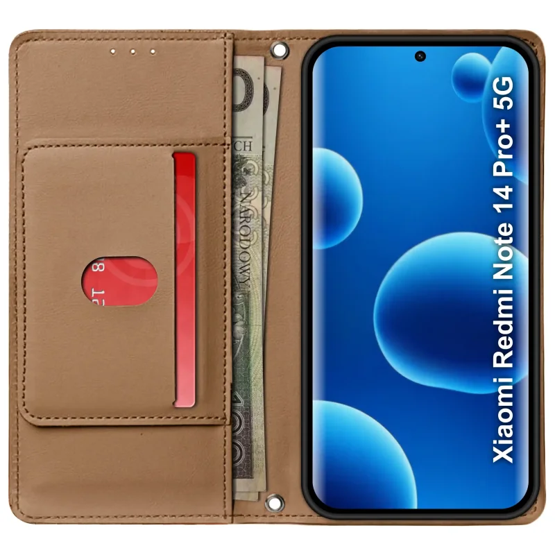 Brązowe etui portfelowe do Xiaomi Redmi Note 14 Pro+ Plus 5G – widok otwartego etui