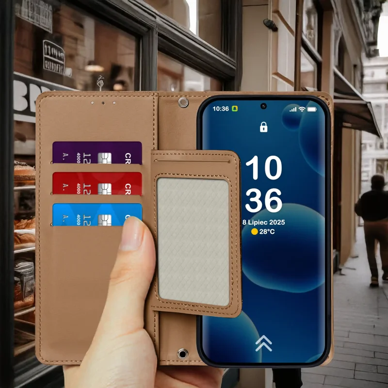 Brązowe etui z klapką do Xiaomi Redmi Note 14 Pro+ Plus 5G trzymane w dłoni – widok otwartego etui z kieszonkami