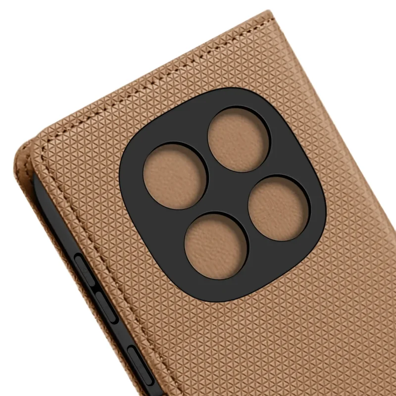 Etui zamykane do Samsung Galaxy Xiaomi Redmi Note 14 Pro+ Plus 5G brązowe – precyzyjne wycięcia na aparaty i przyciski boczne smartfona