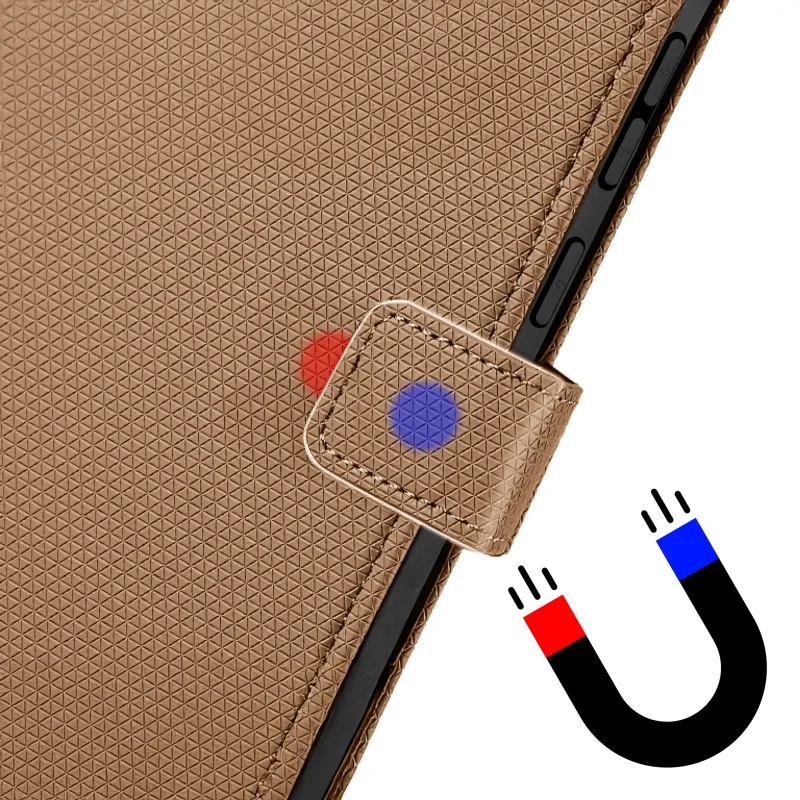 Brązowe magnetyczne etui do Xiaomi Redmi Note 14 Pro+ Plus 5G – zbliżenie na zamknięcie na magnes ukryte w języczku klapki