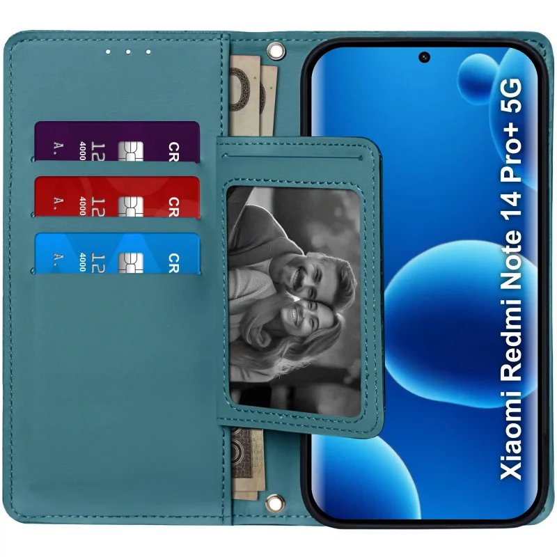 Niebieskie etui portfelowe do Xiaomi Redmi Note 14 Pro+ Plus 5G – wnętrze z czterema kieszonkami na karty i przegrodą na banknoty