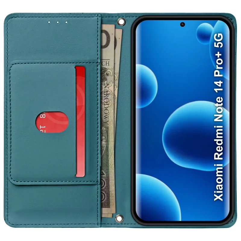 Niebieskie etui portfelowe do Xiaomi Redmi Note 14 Pro+ Plus 5G – widok otwartego etui