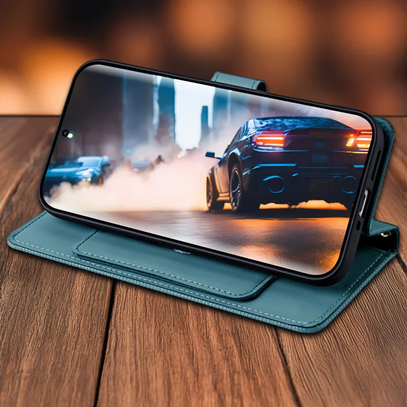 Niebieskie etui z klapką do Xiaomi Redmi Note 14 Pro+ Plus 5G z funkcją stojaka – telefon ustawiony poziomo do oglądania wideo