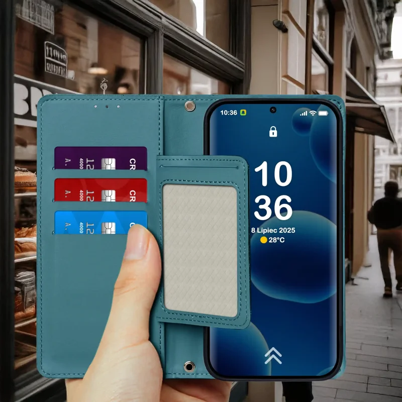 Niebieskie etui z klapką do Xiaomi Redmi Note 14 Pro+ Plus 5G trzymane w dłoni – widok otwartego etui z kieszonkami