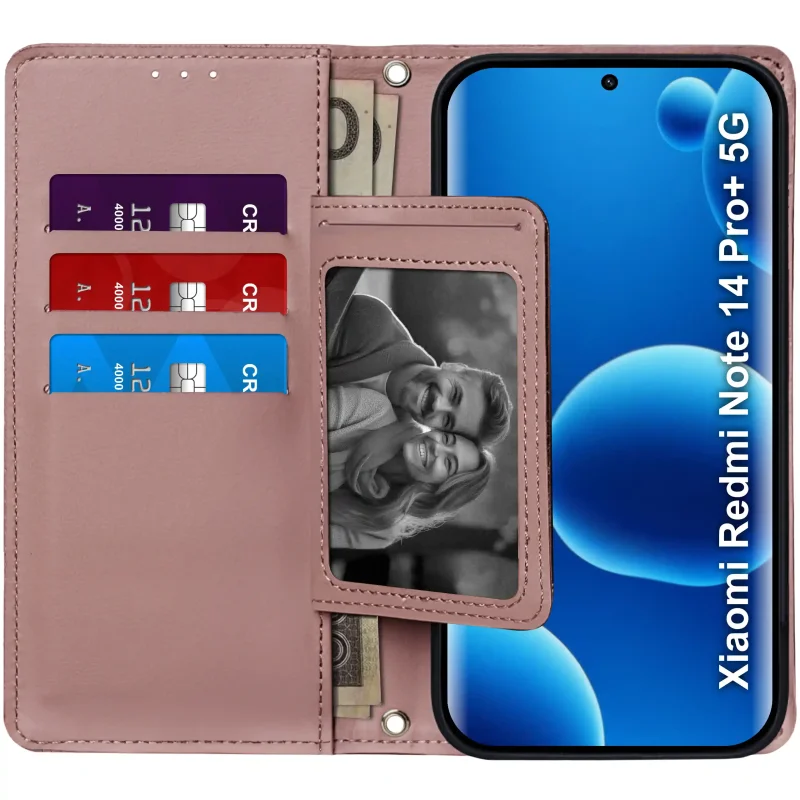 Różowe etui portfelowe do Xiaomi Redmi Note 14 Pro+ Plus 5G – wnętrze z czterema kieszonkami na karty i przegrodą na banknoty
