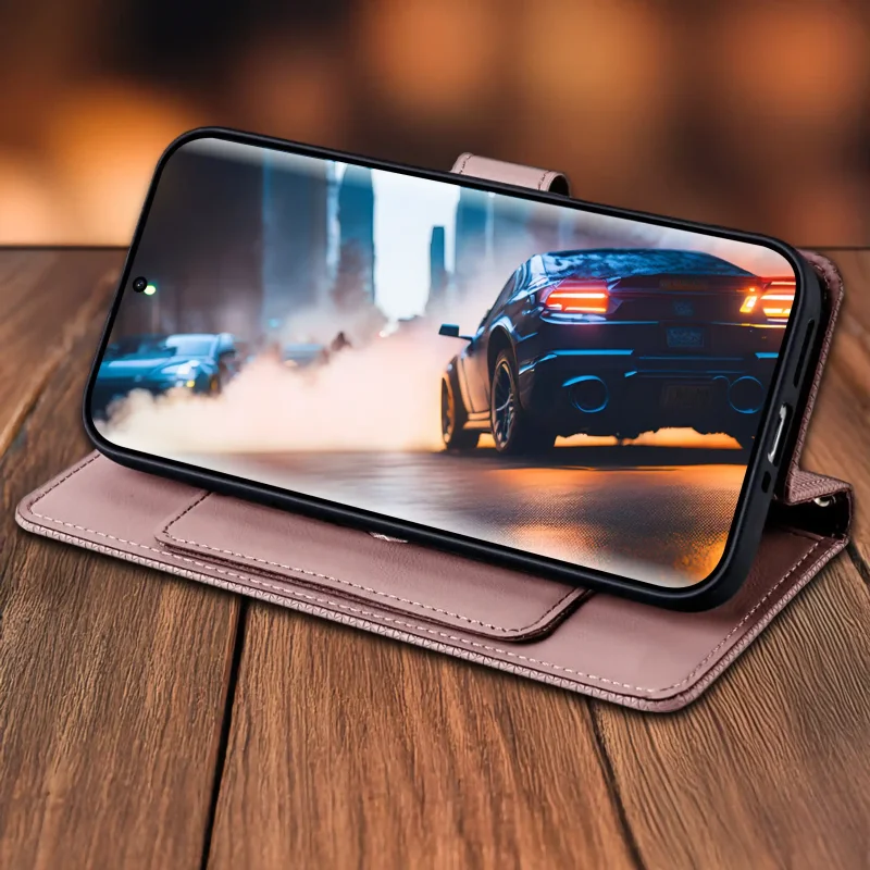 Różowe etui z klapką do Xiaomi Redmi Note 14 Pro+ Plus 5G z funkcją stojaka – telefon ustawiony poziomo do oglądania wideo