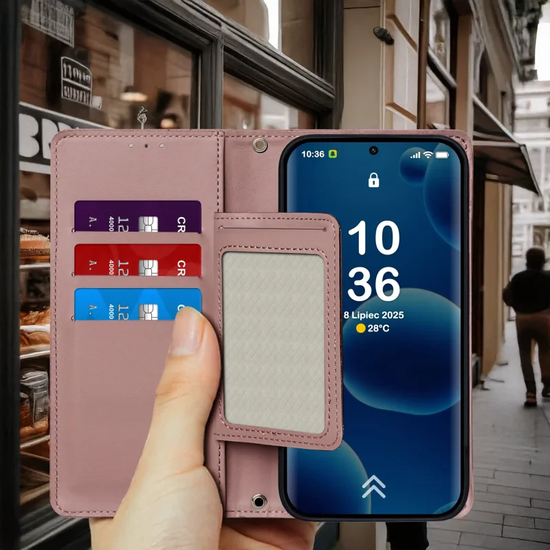 Różowe etui z klapką do Xiaomi Redmi Note 14 Pro+ Plus 5G trzymane w dłoni – widok otwartego etui z kieszonkami