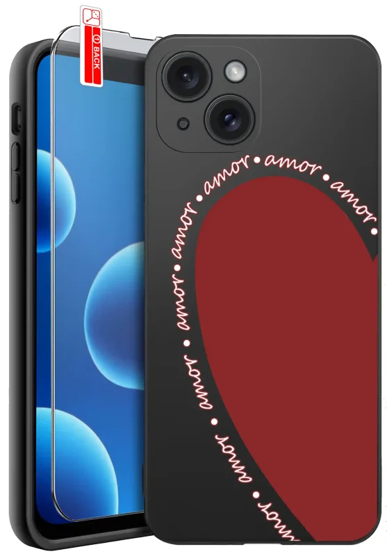 Etui do iPhone 13 / 14 z walentynkowym wzorem - serce i napis amor