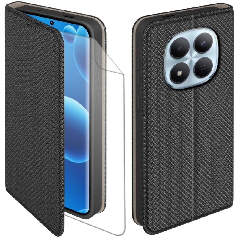Czarne etui z klapką do Xiaomi Redmi Note 15 5G z folia hydrożelową – widok przodu i tyłu z elegancką, teksturowaną powierzchnią