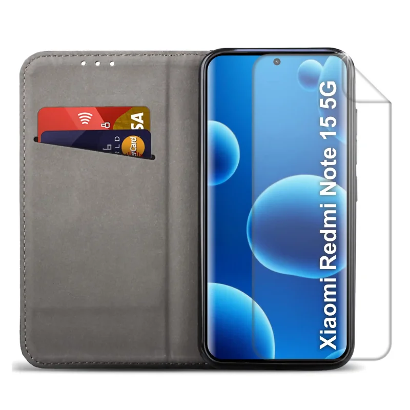 Xiaomi Redmi Note 15 5G w czarnym etui z klapką – elegancki wygląd telefonu i folia ochronna w zestawie