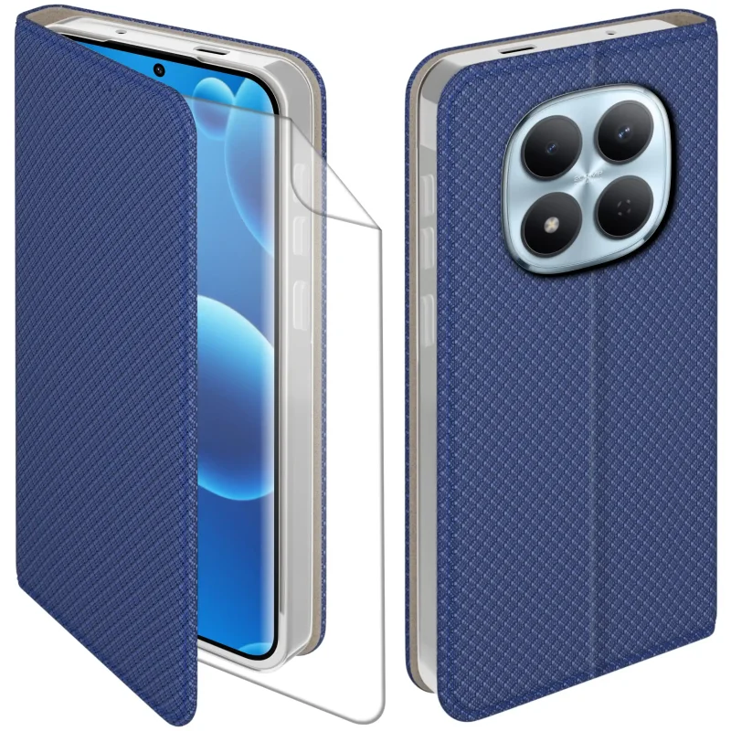 Granatowe etui z klapką do Xiaomi Redmi Note 15 5G z folia hydrożelową – widok przodu i tyłu z elegancką, teksturowaną powierzchnią
