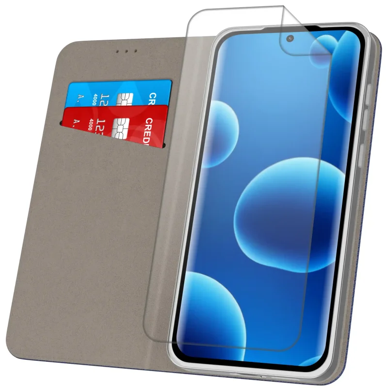 Granatowe etui z klapką do Xiaomi Redmi Note 15 5G z kieszonkami na karty – widok wnętrza i ochrona ekranu