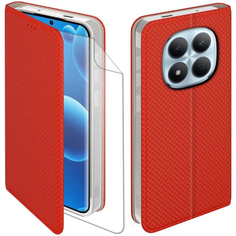 Czerwone etui z klapką do Xiaomi Redmi Note 15 5G z folia hydrożelową – widok przodu i tyłu z elegancką, teksturowaną powierzchnią