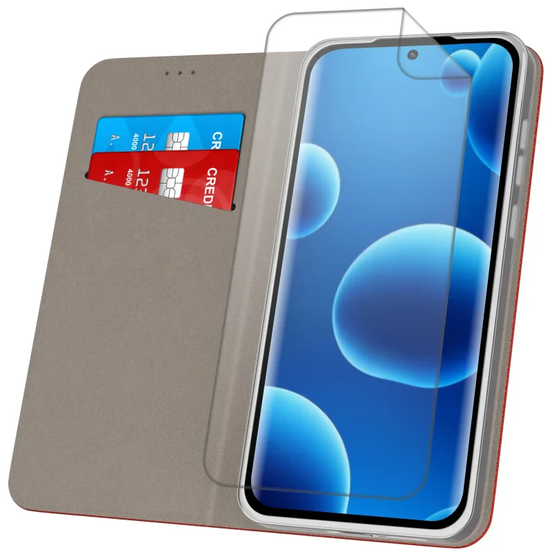 Czerwone etui z klapką do Xiaomi Redmi Note 15 5G z kieszonkami na karty – widok wnętrza i ochrona ekranu