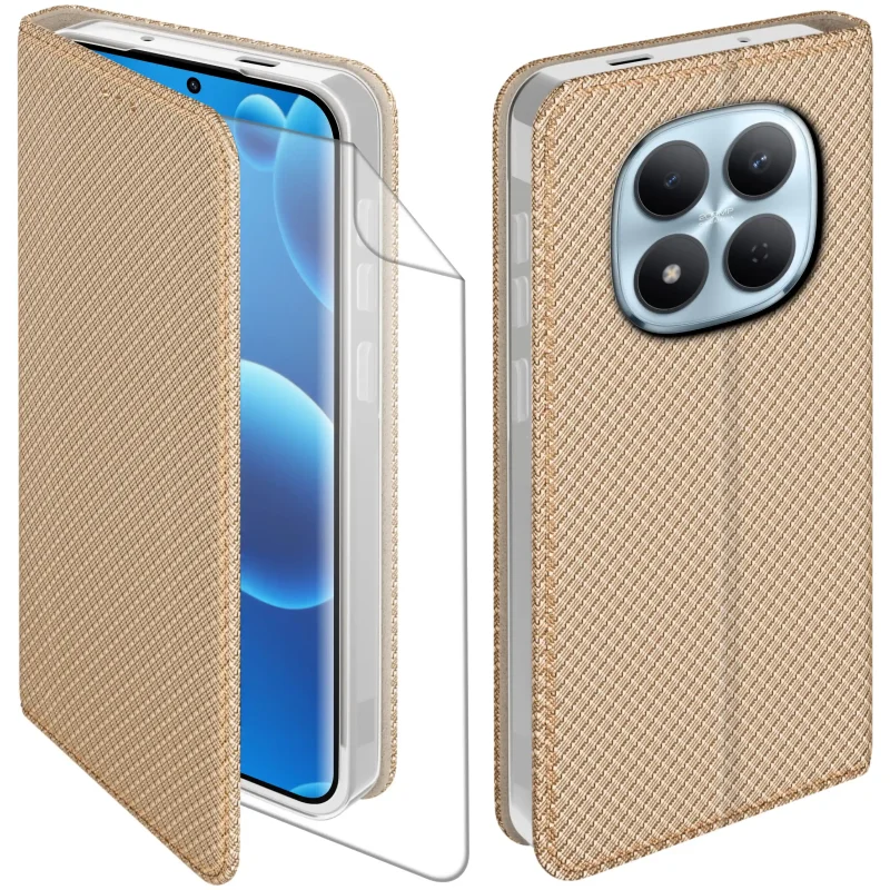 Złote etui z klapką do Xiaomi Redmi Note 15 5G z folia hydrożelową – widok przodu i tyłu z elegancką, teksturowaną powierzchnią