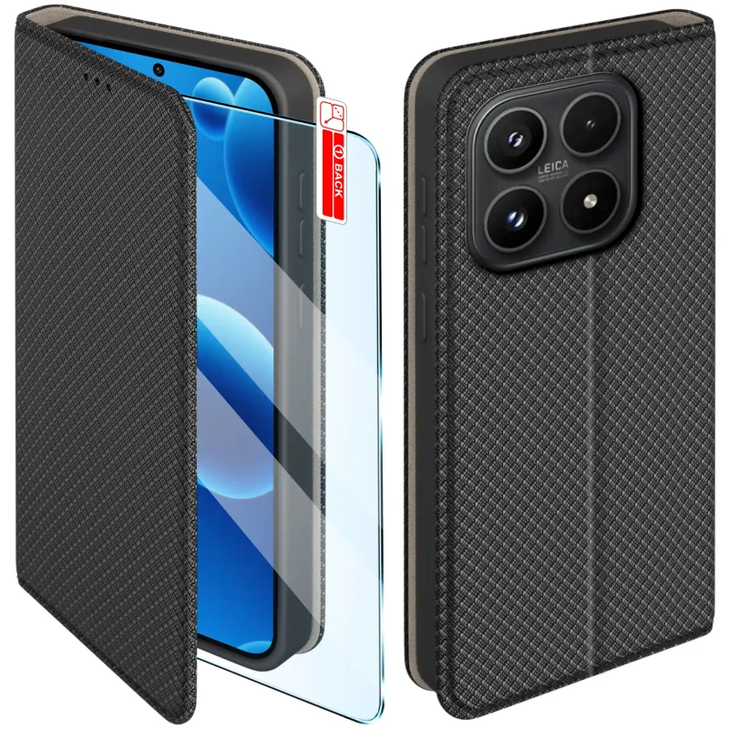 Czarne etui z klapką do Xiaomi 17 ze szkłem hartowanym – widok przodu i tyłu z elegancką, teksturowaną powierzchnią