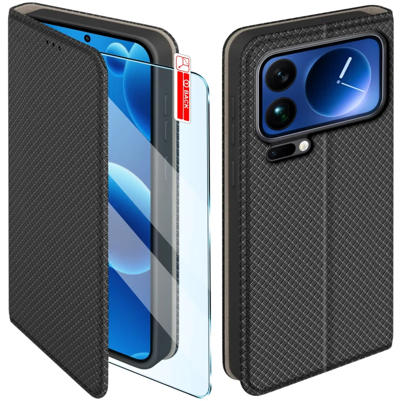 Czarne etui z klapką do Xiaomi 17 Pro Max ze szkłem hartowanym – widok przodu i tyłu z elegancką, teksturowaną powierzchnią