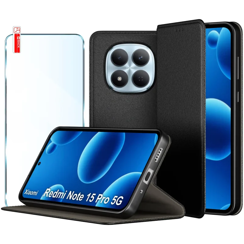 Skórzane etui z klapką do Xiaomi Redmi Note 15 Pro 5G czarne w zestawie ze szkłem hartowanym
