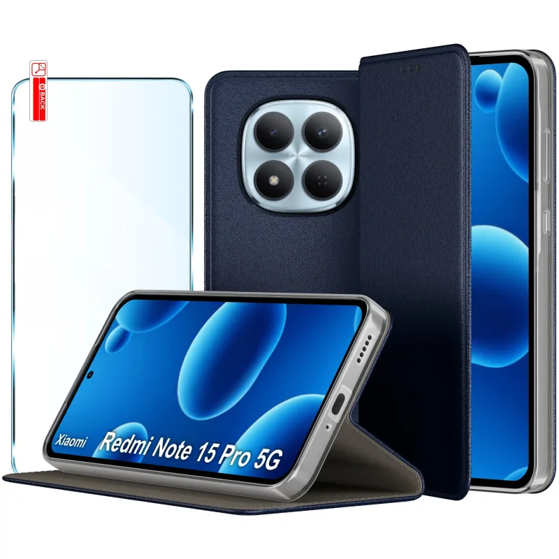 Skórzane etui z klapką do Xiaomi Redmi Note 15 Pro 5G granatowe w zestawie ze szkłem hartowanym