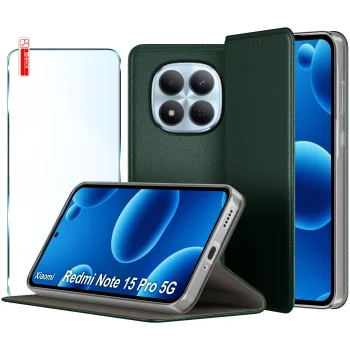 Etui do Xiaomi Redmi Note 15 Pro 5G zielone magnetyczne zamykane ze szkłem