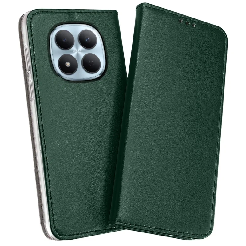 Xiaomi Redmi Note 15 Pro 5G w zielonym skórzanym etui z klapką - widok z przodu i z tyłu