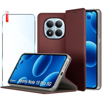 Etui do Xiaomi Redmi Note 15 Pro 5G burgundowe magnetyczne zamykane ze szkłem
