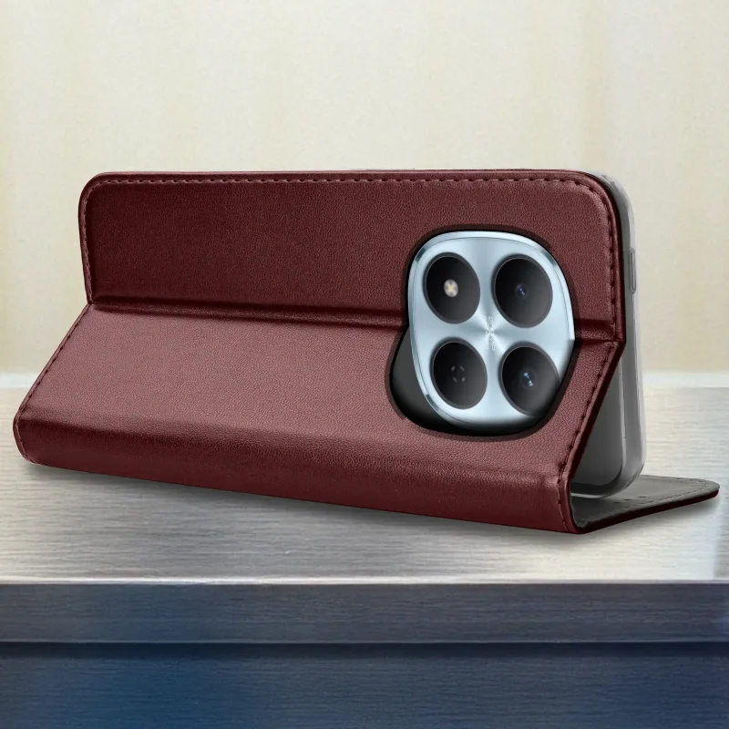 Etui z klapką do Xiaomi Redmi Note 15 Pro 5G skórzane burgundowe - funkcja podstawki, telefon ustawiony poziomo