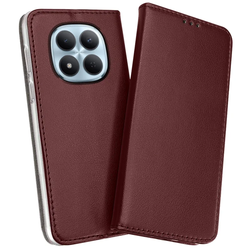 Xiaomi Redmi Note 15 Pro 5G w burgundowym skórzanym etui z klapką - widok z przodu i z tyłu