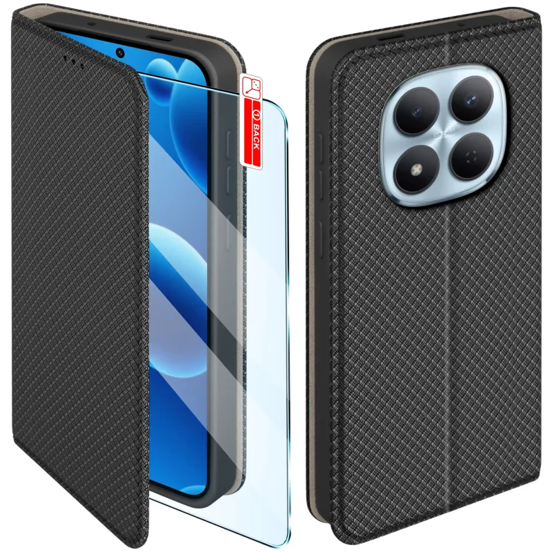 Czarne etui z klapką do Xiaomi Redmi Note 15 Pro 5G ze szkłem hartowanym – widok przodu i tyłu z elegancką, teksturowaną powierzchnią