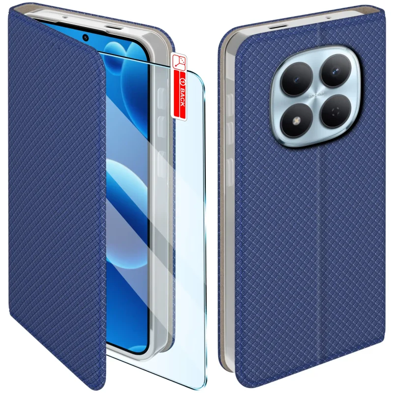 Granatowe etui z klapką do Xiaomi Redmi Note 15 Pro 5G ze szkłem hartowanym – widok przodu i tyłu z elegancką, teksturowaną powierzchnią