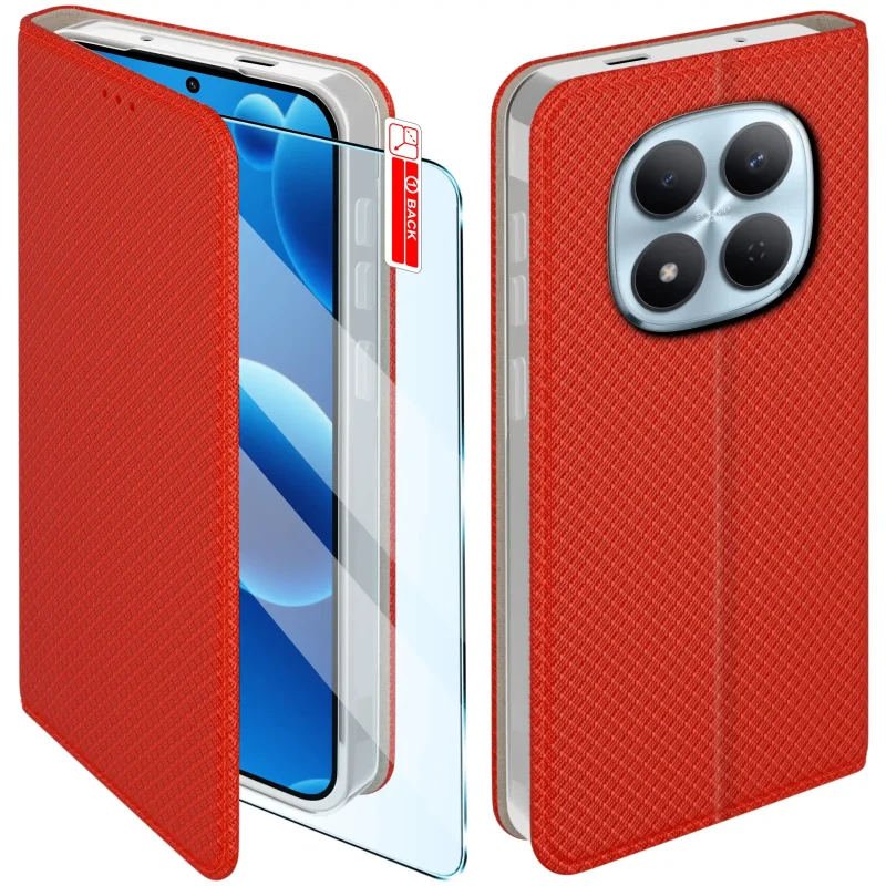 Czerwone etui z klapką do Xiaomi Redmi Note 15 Pro 5G ze szkłem hartowanym – widok przodu i tyłu z elegancką, teksturowaną powierzchnią