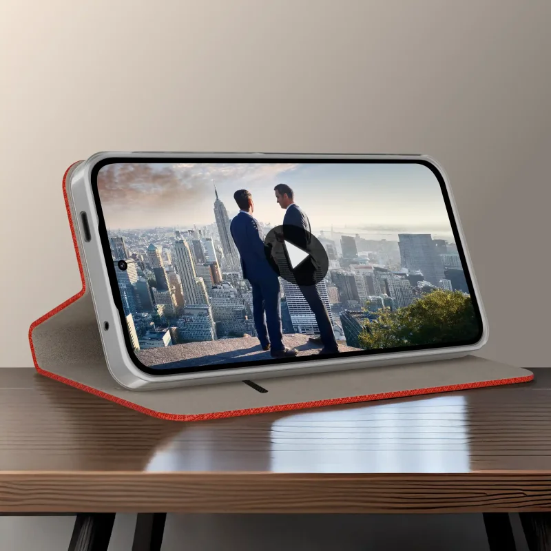 Czerwony futerał z klapką do Xiaomi Redmi Note 15 Pro 5G w funkcji stojaka – wygodne oglądanie wideo w poziomie