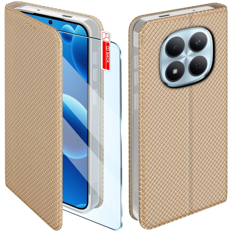 Złote etui z klapką do Xiaomi Redmi Note 15 Pro 5G ze szkłem hartowanym – widok przodu i tyłu z elegancką, teksturowaną powierzchnią
