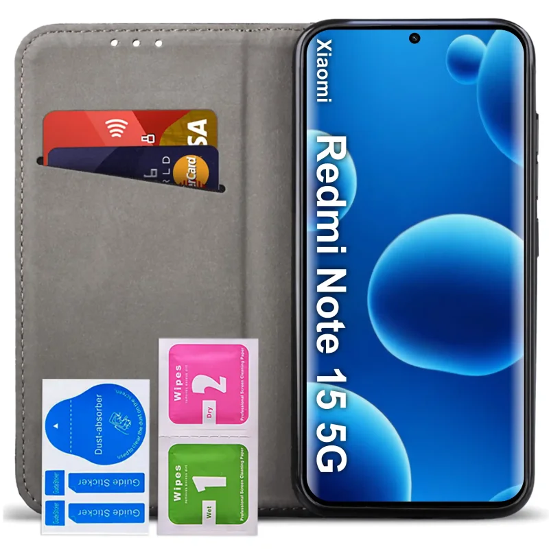 Skórzane etui z klapką do Xiaomi Redmi Note 15 5G czarne - widok od wewnątrz, kieszonki na karty