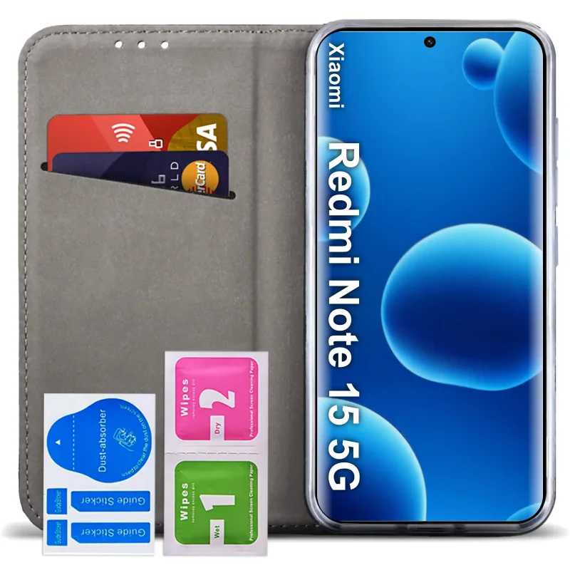 Skórzane etui z klapką do Xiaomi Redmi Note 15 5G burgundowe - widok od wewnątrz, kieszonki na karty
