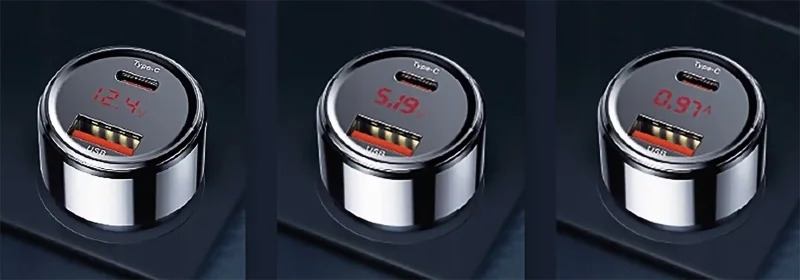 Cyfrowy wskaźnik napięcia w ładowarce samochodowej Baseus 45W – podgląd 12.4V, 5.19V i 0.97A