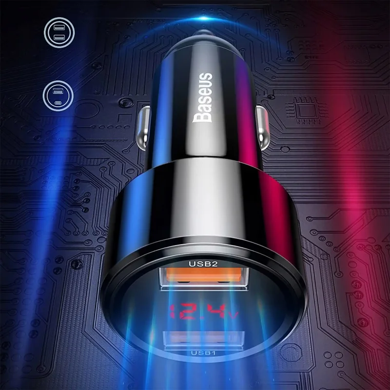 Baseus szybka ładowarka samochodowa 45W z dwoma portami USB i cyfrowym wyświetlaczem 12.4V
