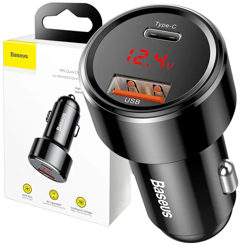Szybka ładowarka samochodowa Baseus 45W 6A USB i USB-C z opakowaniem