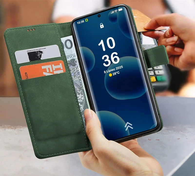 Zielone etui portfelowe do Xiaomi Redmi Note 15 5G z kieszonkami na karty i banknoty – wnętrze pokrowca