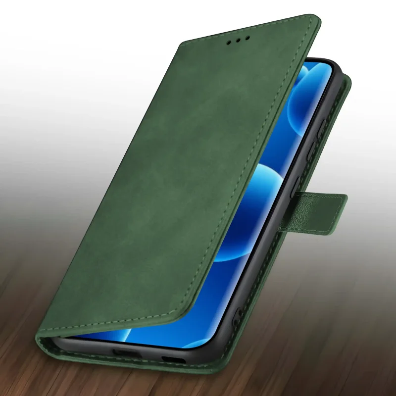 Zielony skórzany pokrowiec z klapką do Xiaomi Redmi Note 15 5G – magnetyczne zamknięcie w języczku