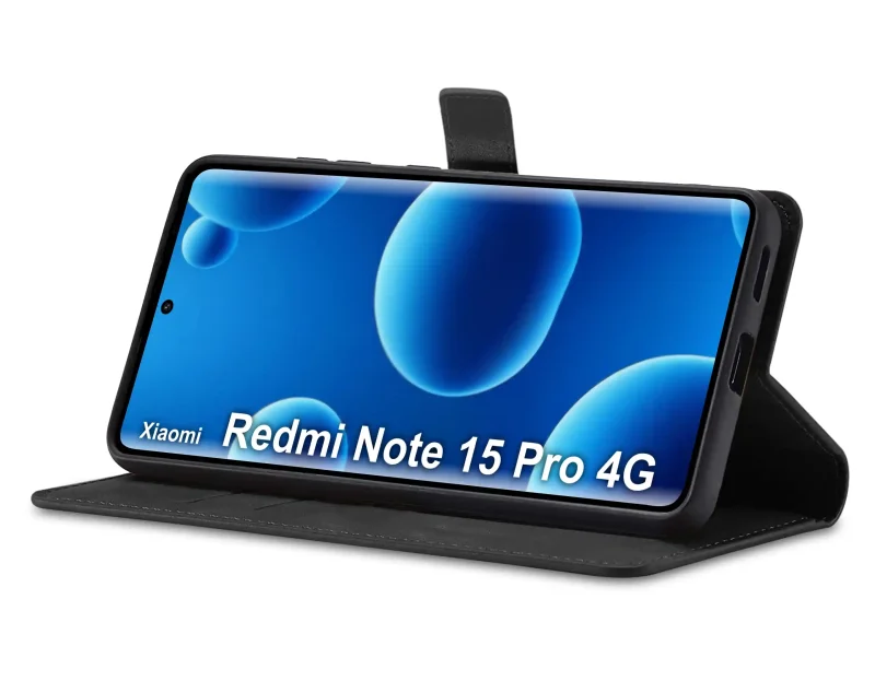 Czarne etui z klapką Xiaomi Redmi Note 15 Pro 4G w funkcji stojaka – pozycja pozioma do oglądania filmów
