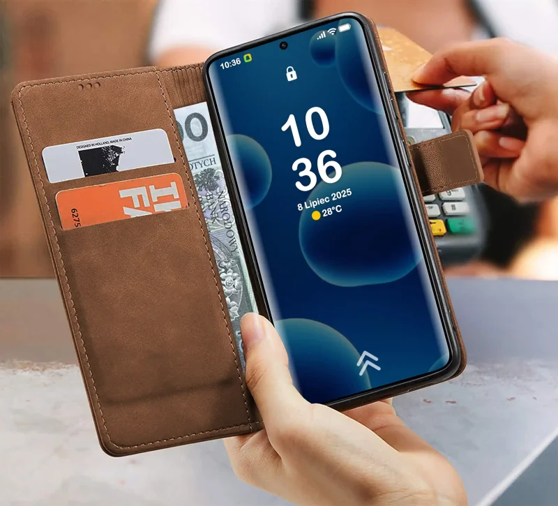 Brązowe etui portfelowe do Xiaomi Redmi Note 15 Pro 4G z kieszonkami na karty i banknoty – wnętrze pokrowca
