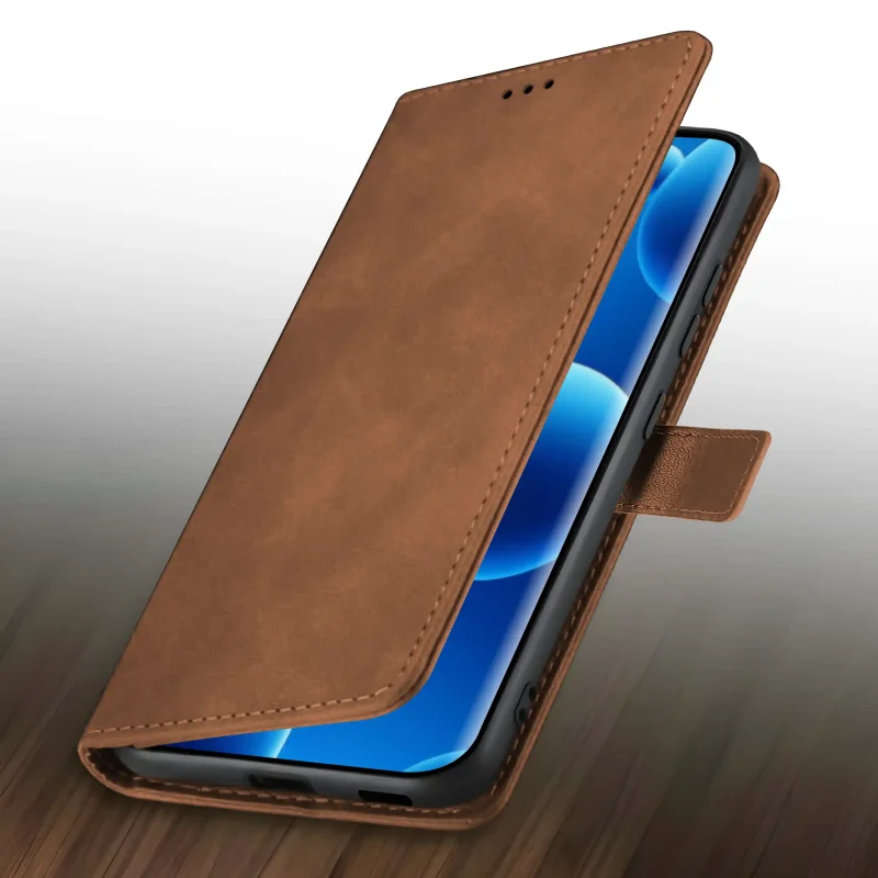 Brązowy skórzany pokrowiec z klapką do Xiaomi Redmi Note 15 Pro 4G – magnetyczne zamknięcie w języczku
