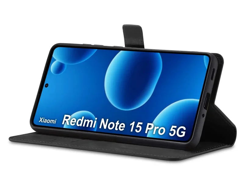 Czarne etui z klapką Xiaomi Redmi Note 15 Pro 5G w funkcji stojaka – pozycja pozioma do oglądania filmów