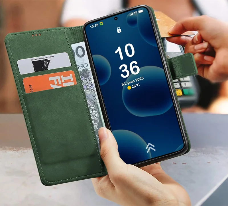 Zielone etui portfelowe do Xiaomi Redmi Note 15 Pro 5G z kieszonkami na karty i banknoty – wnętrze pokrowca