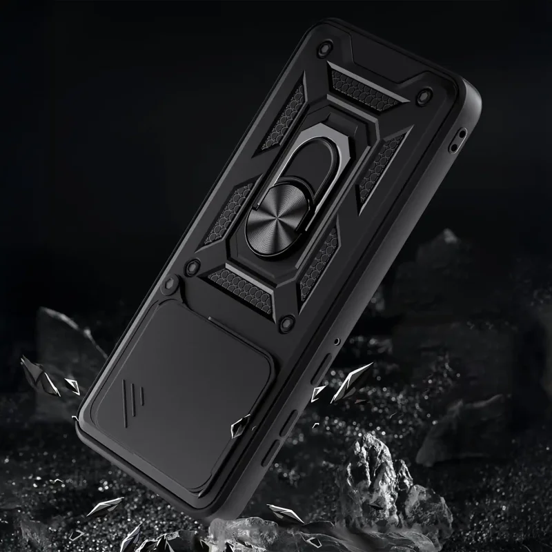 Czarne etui pancerne do Motorola Edge 60 Pro 5G z obrotowym uchwytem i wzmocnioną konstrukcją TPU + PC
