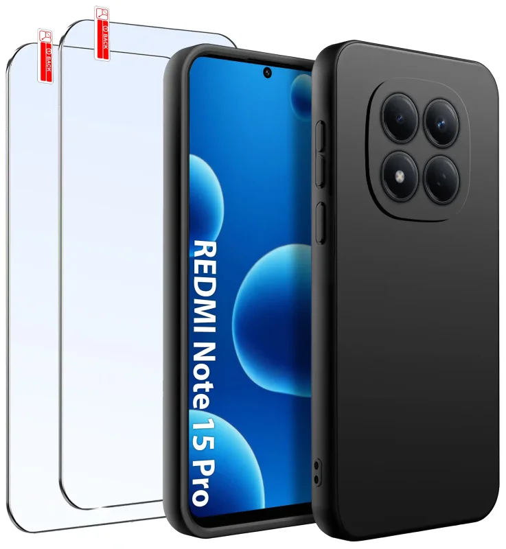 Czarny silikonowy case do Xiaomi Redmi Note 15 Pro 4G z dwoma szkłami hartowanymi