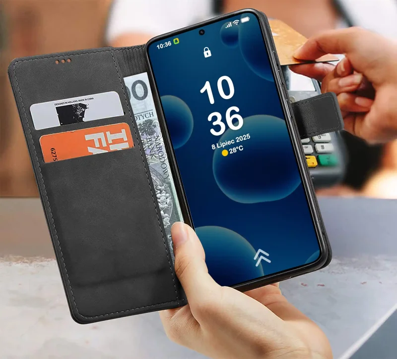 Czarne etui portfelowe do Xiaomi Redmi Note 15 Pro+ Plus 5G z kieszonkami na karty i banknoty – wnętrze pokrowca