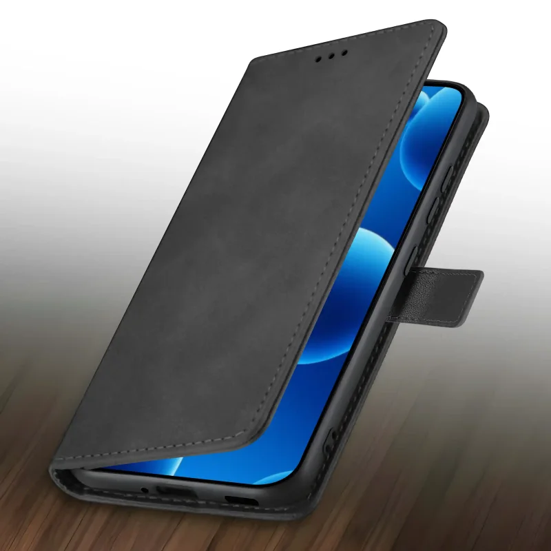 Czarne skórzane etui z klapką do Xiaomi Redmi Note 15 Pro+ Plus 5G – magnetyczne zamknięcie w języczku